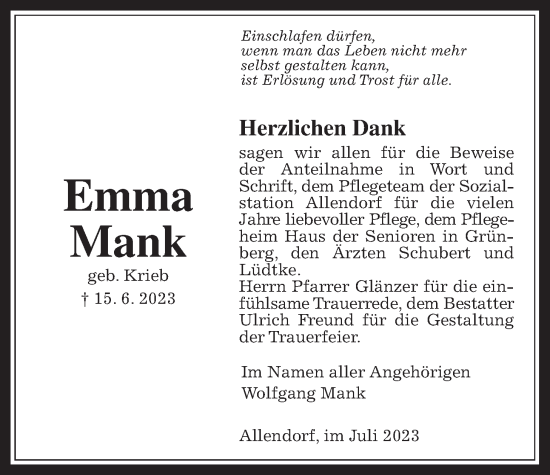 Traueranzeige von Emma Mank von Allendorfer Mitteilungen, Giessener Allgemeine, Alsfelder Allgemeine