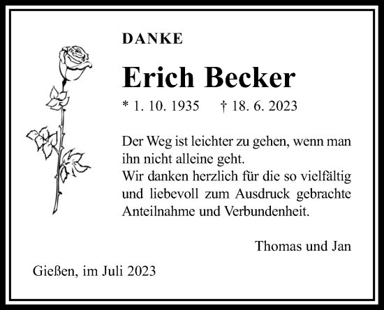 Traueranzeige von Erich Becker von Giessener Anzeiger, Giessener Allgemeine, Alsfelder Allgemeine