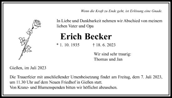 Traueranzeige von Erich Becker von Giessener Anzeiger, Giessener Allgemeine, Alsfelder Allgemeine
