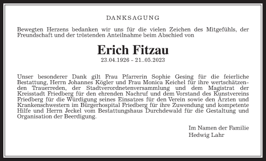 Traueranzeige von Erich Fitzau von Wetterauer Zeitung