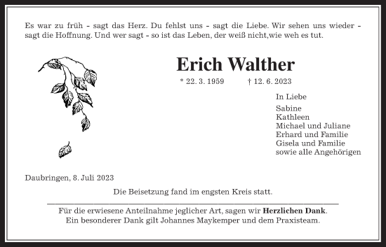 Traueranzeige von Erich Walther von Giessener Allgemeine, Alsfelder Allgemeine, Giessener Anzeiger