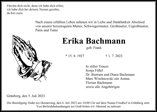 Traueranzeige von Erika Bachmann von Giessener Allgemeine, Alsfelder Allgemeine