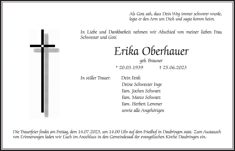  Traueranzeige für Erika Oberhauer vom 10.07.2023 aus Giessener Anzeiger, Giessener Allgemeine, Alsfelder Allgemeine