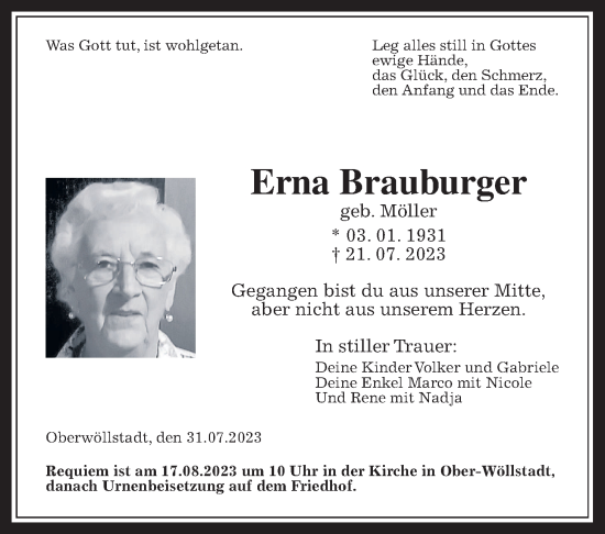 Traueranzeige von Erna Brauburger von Wetterauer Zeitung