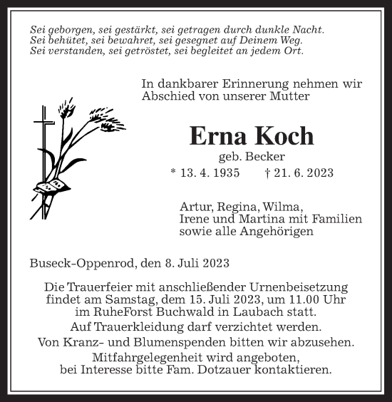 Traueranzeige von Erna Koch von Giessener Anzeiger, Giessener Allgemeine, Alsfelder Allgemeine