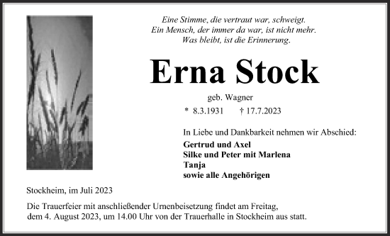 Traueranzeige von Erna Stock von Kreis-Anzeiger