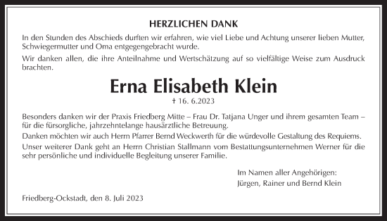 Traueranzeige von Erna Elisabeth Klein von Wetterauer Zeitung