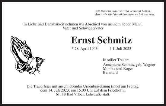 Traueranzeige von Ernst Schmitz von Usinger Anzeiger