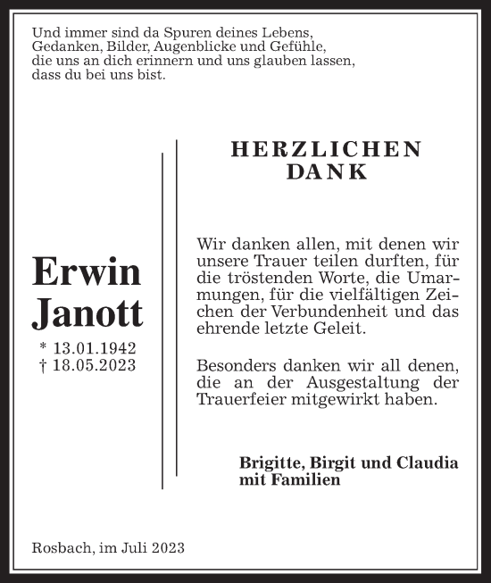 Traueranzeige von Erwin Janott von Wetterauer Zeitung
