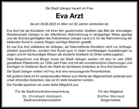 Traueranzeige von Eva Arzt von Usinger Anzeiger