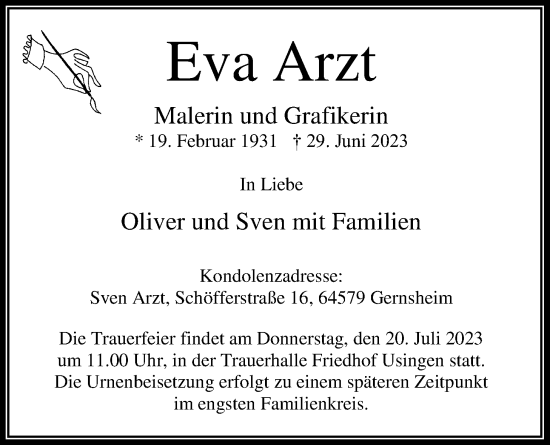 Traueranzeige von Eva Arzt von Usinger Anzeiger