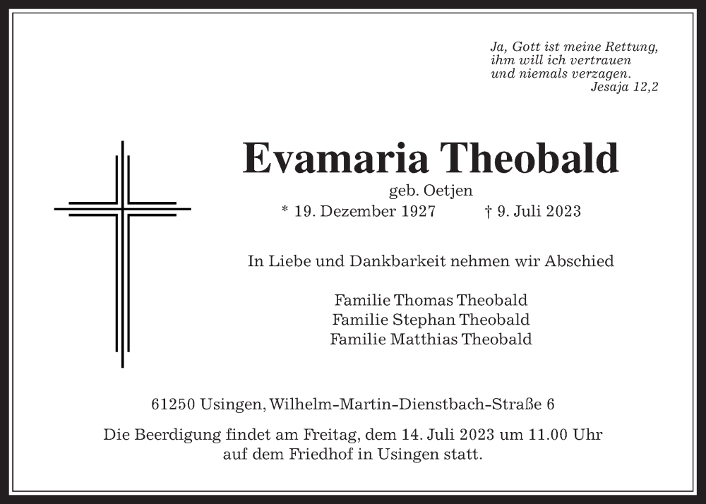  Traueranzeige für Evamaria Theobald vom 12.07.2023 aus Usinger Anzeiger