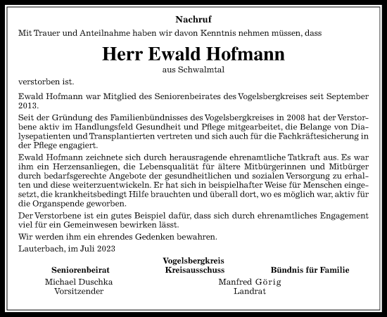Traueranzeige von Ewald Hofmann von Alsfelder Allgemeine