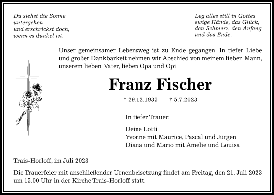 Traueranzeige von Franz Fischer von Licher Wochenblatt