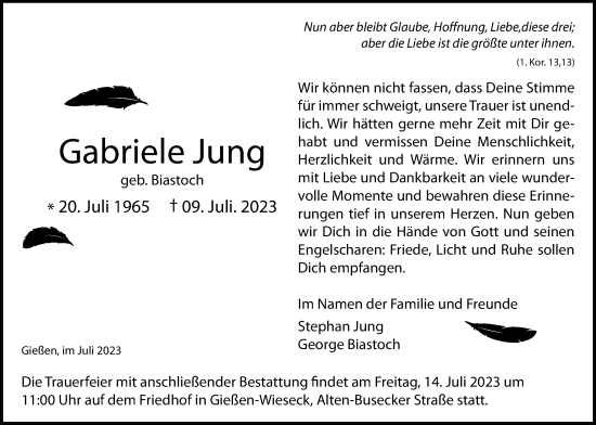 Traueranzeige von Gabriele Jung von Giessener Anzeiger, Giessener Allgemeine, Alsfelder Allgemeine