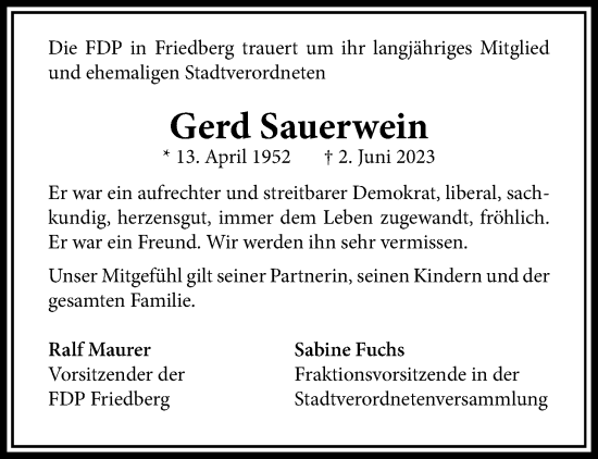 Traueranzeige von Gerd Sauerwein von Wetterauer Zeitung