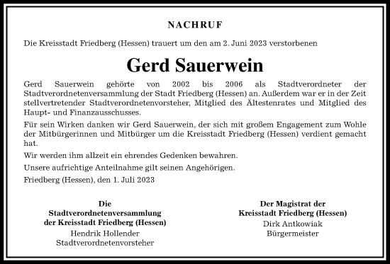 Traueranzeige von Gerd Sauerwein von Wetterauer Zeitung