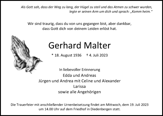 Traueranzeige von Gerhard Malter 