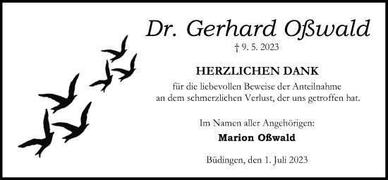 Traueranzeige von Gerhard Oßwald von Kreis-Anzeiger