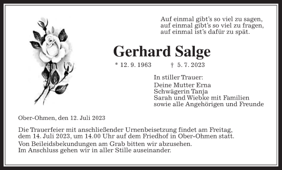 Traueranzeige von Gerhard Salge von Alsfelder Allgemeine