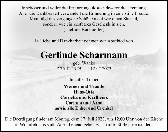 Traueranzeige von Gerlinde Scharmann von Alsfelder Allgemeine