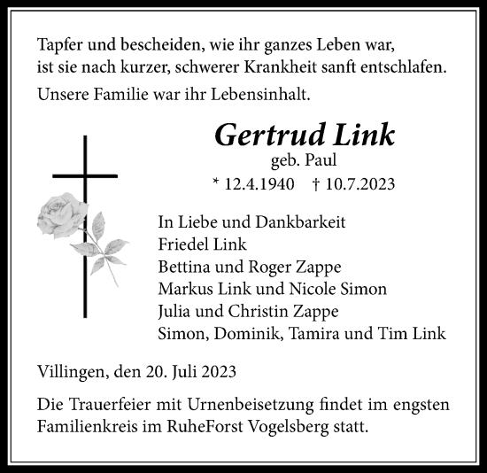 Traueranzeige von Gertrud Link von Licher Wochenblatt