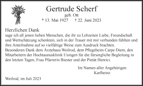 Traueranzeige von Gertrude Scherf von Usinger Anzeiger