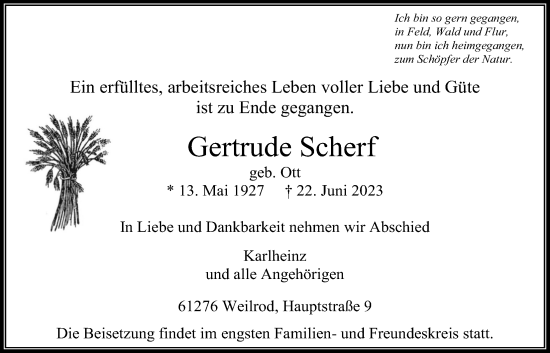 Traueranzeige von Gertrude Scherf von Usinger Anzeiger