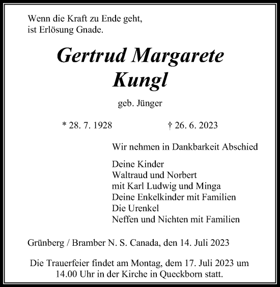 Traueranzeige von Gertrud Margarete Kungl von Giessener Allgemeine, Alsfelder Allgemeine