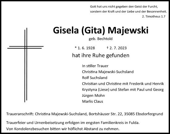 Traueranzeige von Gisela Majewski von Giessener Allgemeine, Alsfelder Allgemeine