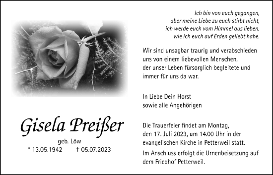 Traueranzeige von Gisela Preißer von Wetterauer Zeitung, Bad Vilbel/Karben