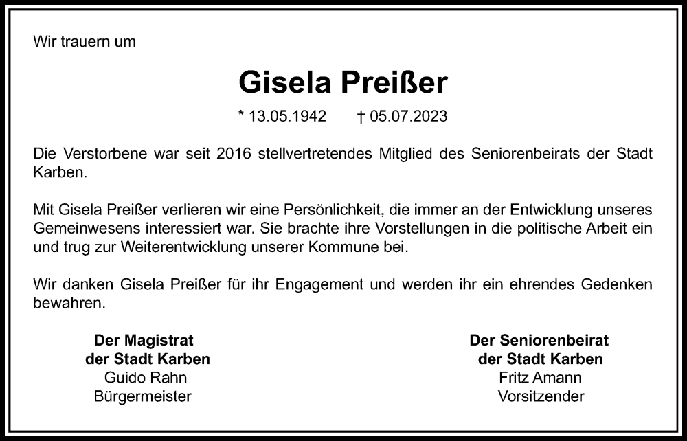  Traueranzeige für Gisela Preißer vom 13.07.2023 aus Wetterauer Zeitung