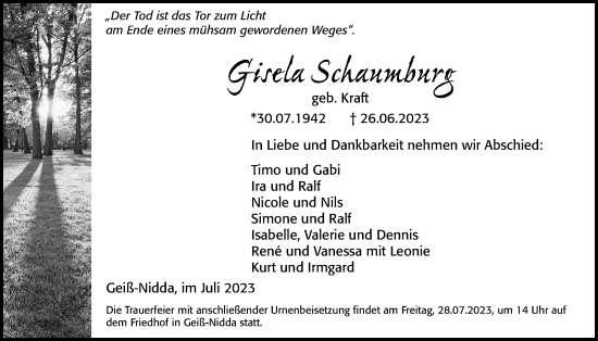Traueranzeige von Gisela Schaumburg von Kreis-Anzeiger