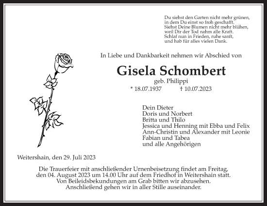 Traueranzeige von Gisela Schombert von Giessener Allgemeine, Alsfelder Allgemeine