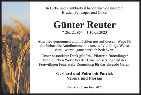 Traueranzeige von Günter Reuter von Kreis-Anzeiger