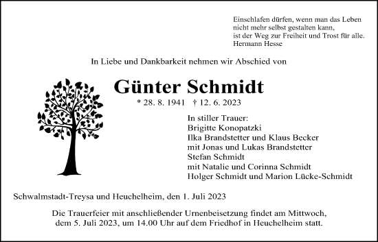 Traueranzeige von Günter Schmidt von Giessener Anzeiger, Giessener Allgemeine, Alsfelder Allgemeine