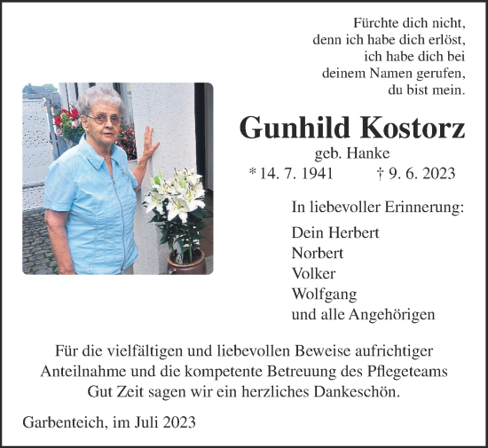 Traueranzeige von Gunhild Kostorz von Giessener Allgemeine, Alsfelder Allgemeine