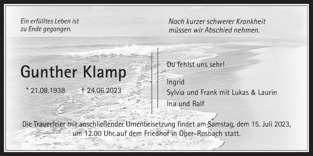  Traueranzeige für Gunther Klamp vom 01.07.2023 aus Wetterauer Zeitung