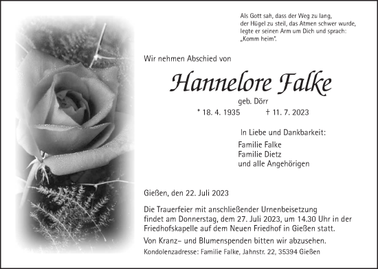 Traueranzeige von Hannelore Falke von Giessener Allgemeine, Alsfelder Allgemeine, Giessener Anzeiger