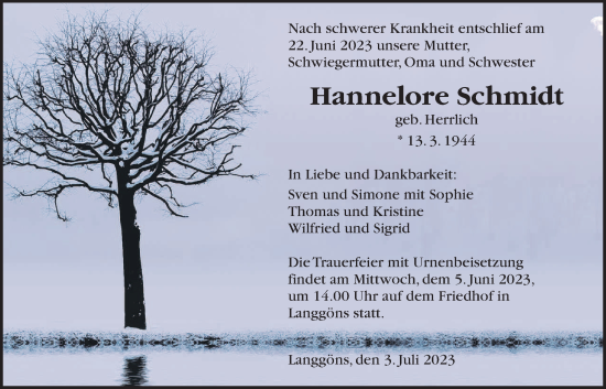 Traueranzeige von Hannelore Schmidt von Giessener Allgemeine, Alsfelder Allgemeine