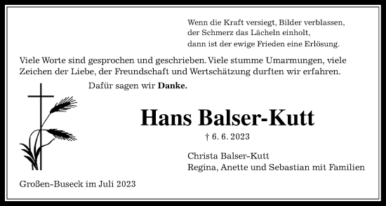 Traueranzeige von Hans Balser-Kutt von Giessener Anzeiger, Giessener Allgemeine, Alsfelder Allgemeine
