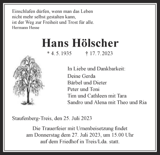 Traueranzeige von Hans Hölscher von Giessener Allgemeine, Alsfelder Allgemeine, Giessener Anzeiger