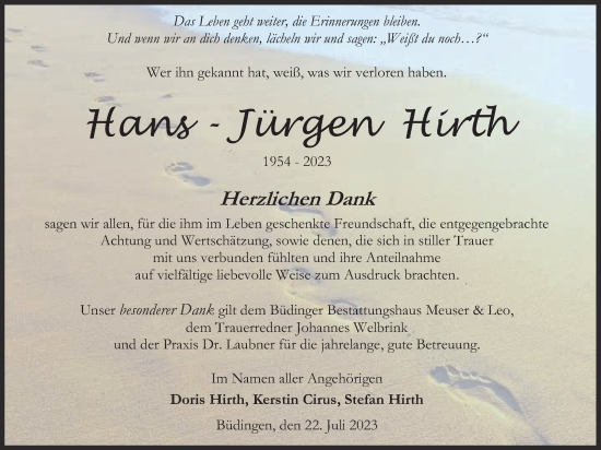Traueranzeige von Hans-Jürgen Hirth von Kreis-Anzeiger