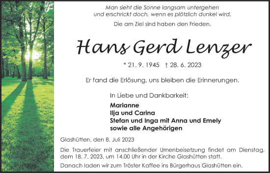 Traueranzeige von Hans Gerd Lenzer von Kreis-Anzeiger