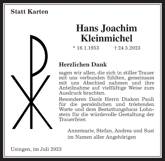 Traueranzeige von Hans Joachim Kleinmichel 