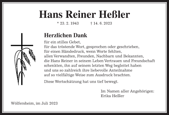 Traueranzeige von Hans Reiner Heßler von Wetterauer Zeitung