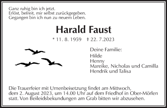 Traueranzeige von Harald Faust von Wetterauer Zeitung