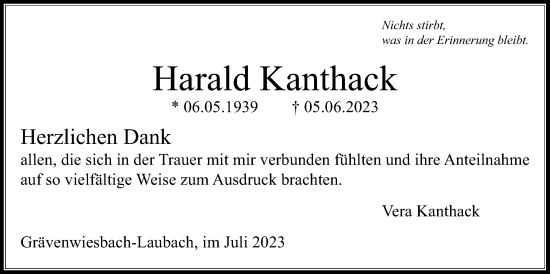 Traueranzeige von Harald Kanthack von Usinger Anzeiger