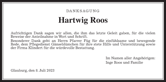 Traueranzeige von Hartwig Roos von Kreis-Anzeiger