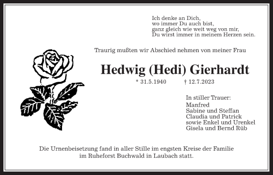 Traueranzeige von Hedwig  Gierhardt von Kreis-Anzeiger